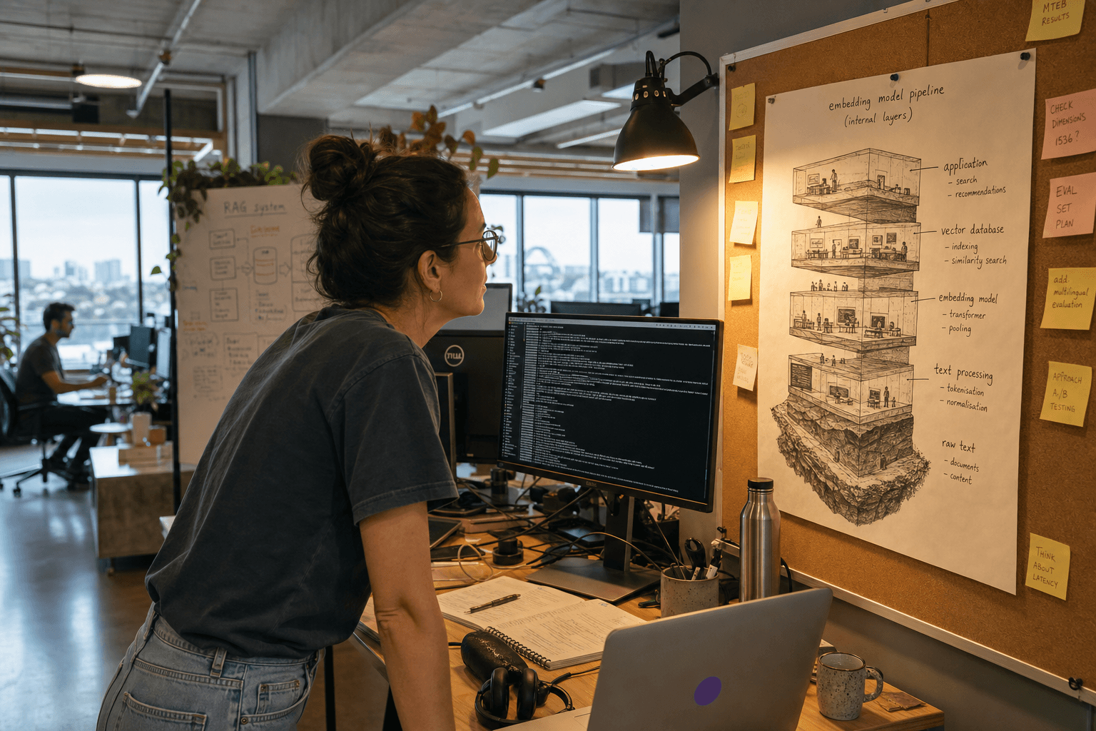 A female ML engineer leans over a standing desk in a daylit Australian tech office, studying a hand-drawn architectural cutaway diagram pinned to a corkboard. Warm desk-lamp light illuminates the layered pipeline sketch while cooler window light fills the open-plan workspace behind her.