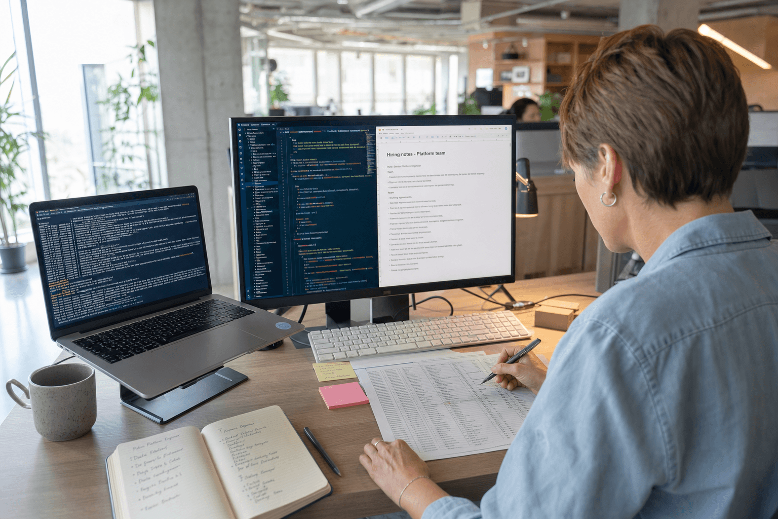 Over-the-shoulder view past a woman at a standing desk annotating a printed list with a pen, two monitors showing code editor and terminal windows in front of her, bright natural daylight from an office window, shallow depth of field blurring an open-plan Australian workspace behind her.