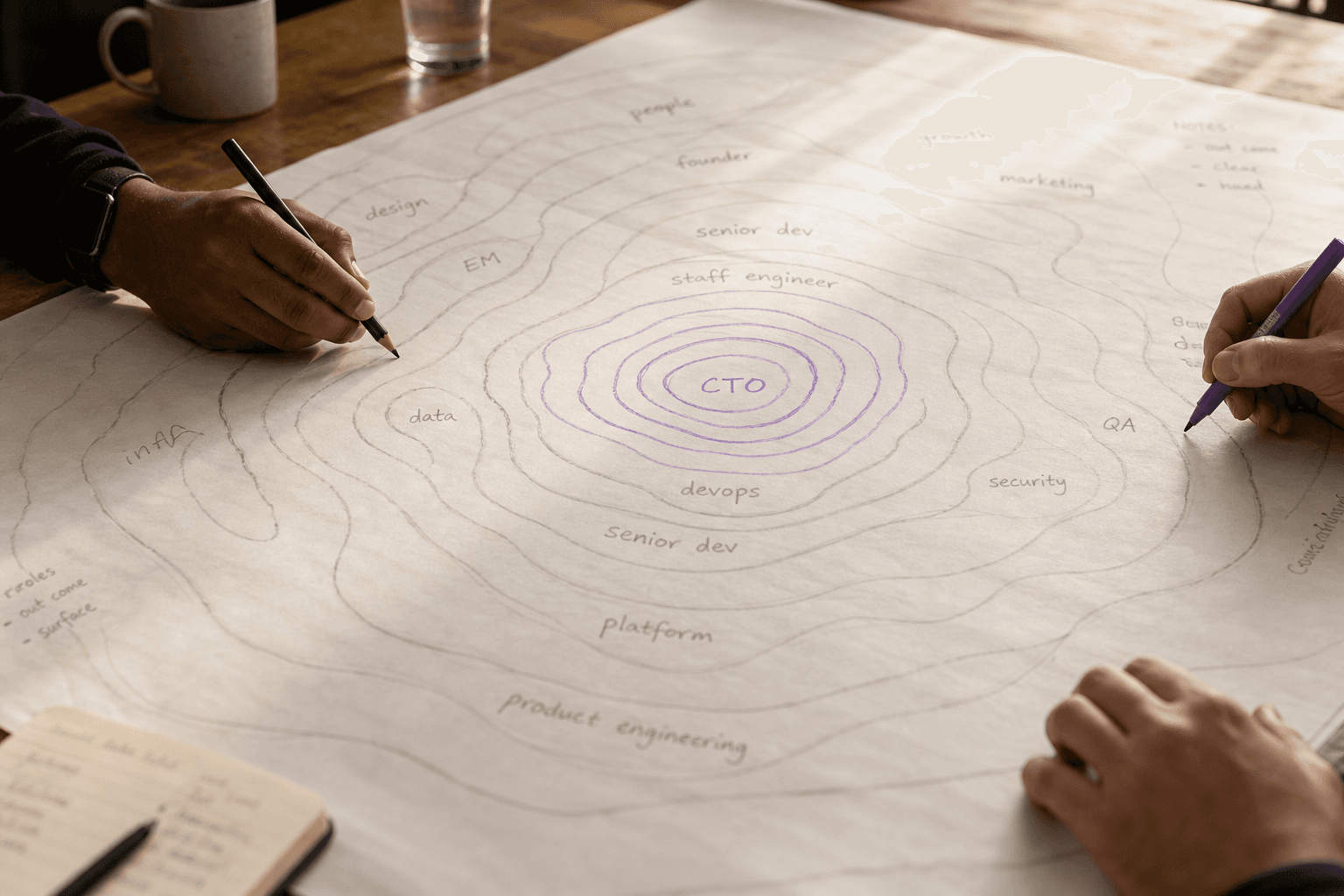 Close overhead editorial photograph of a large white sheet of butcher paper on a wooden table, covered in pencil and sparse purple marker contour-map-style org chart lines, with two pairs of hands partially visible at the edges reaching in to annotate it.