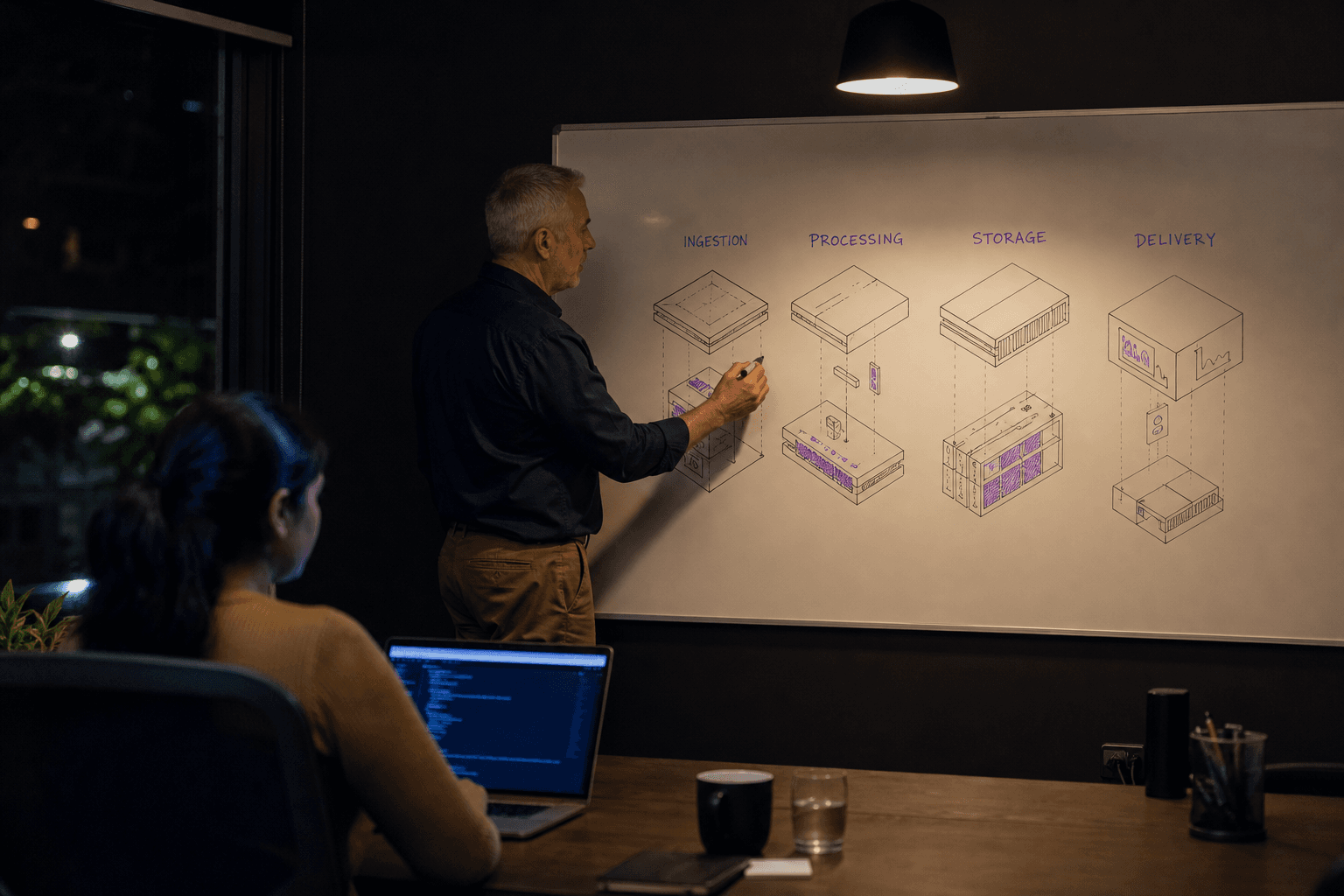 A grey-haired engineer stands at a whiteboard sketching an exploded isometric pipeline diagram in a dimly lit Australian meeting room, while a colleague works at a glowing screen in the foreground.