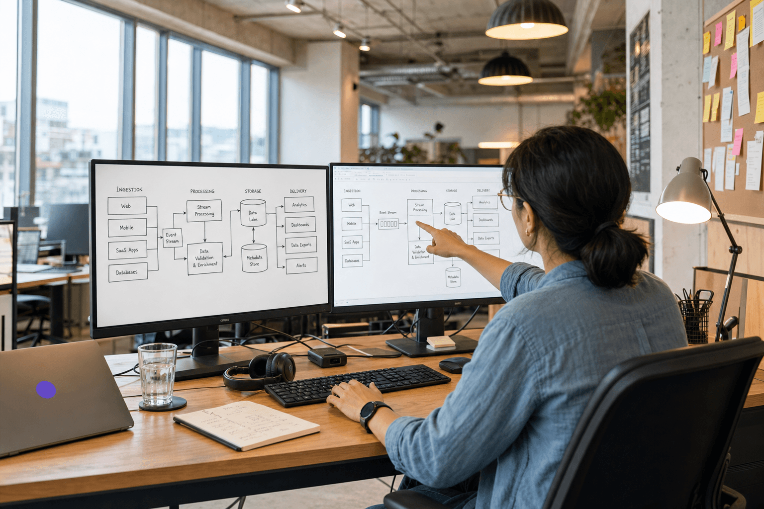 Over-the-shoulder view of a female data engineer seated at a dual-monitor workstation in a bright, daylit Australian open-plan office, pointing at an architecture diagram on screen showing data pipeline stages, with sticky notes and a pinboard visible on the wall behind.