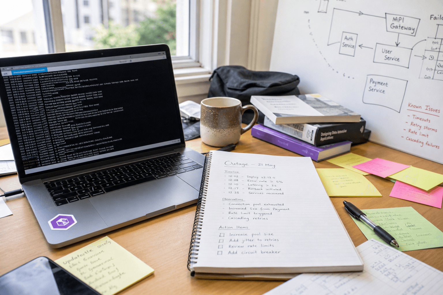 A sunlit desk corner showing a laptop terminal, a handwritten notebook, sticky notes, and a whiteboard sketch of system failure points, with no people in the frame.