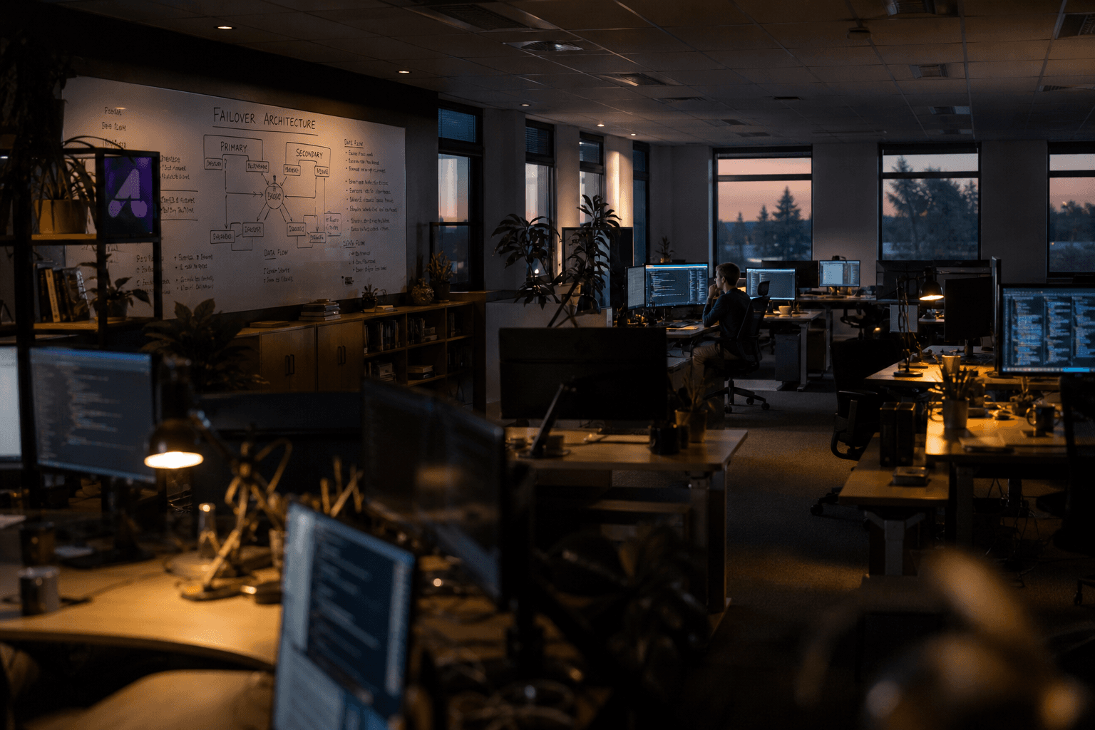 A wide, dimly lit view of an office at dusk with rows of standing desks and a whiteboard of failover diagrams, a single engineer working alone at a distant desk lit by screen glow.