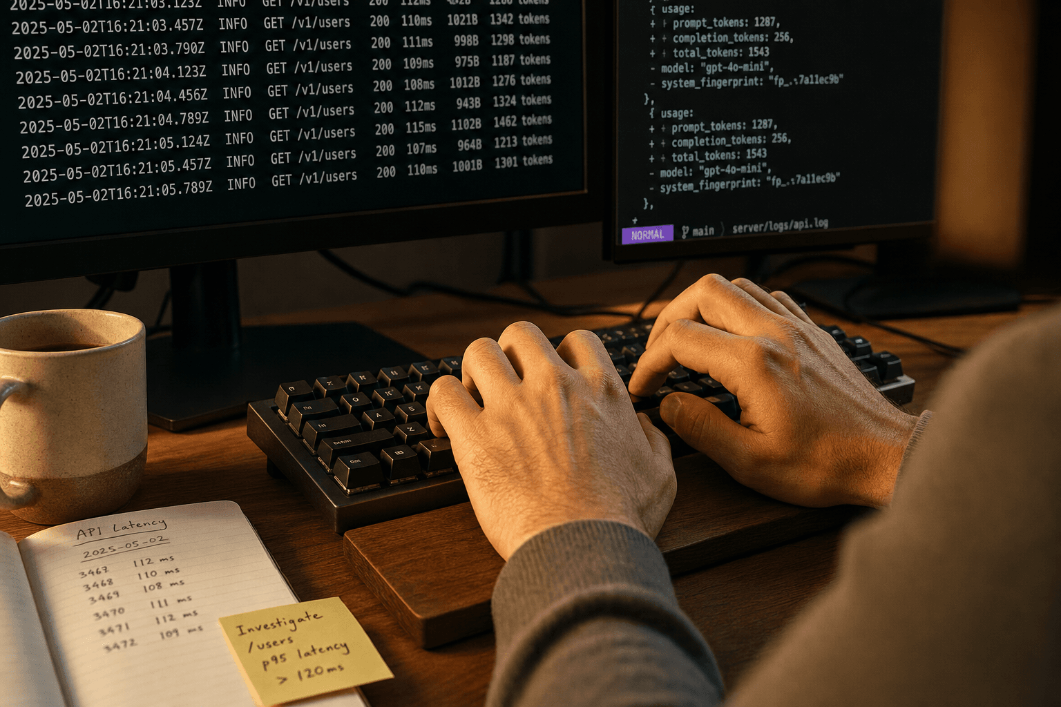 Close-up of a developer's hands typing on a mechanical keyboard, with softly blurred monitor screens displaying terminal output in the background, lit by warm side-angled desk lamp light.