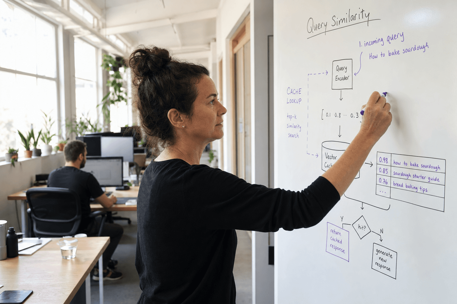 A female data engineer stands side-on at a whiteboard in a bright daylit Australian office, drawing a system diagram with marker, caught in a candid mid-action moment with a colleague working at a desk in the soft-focus background.