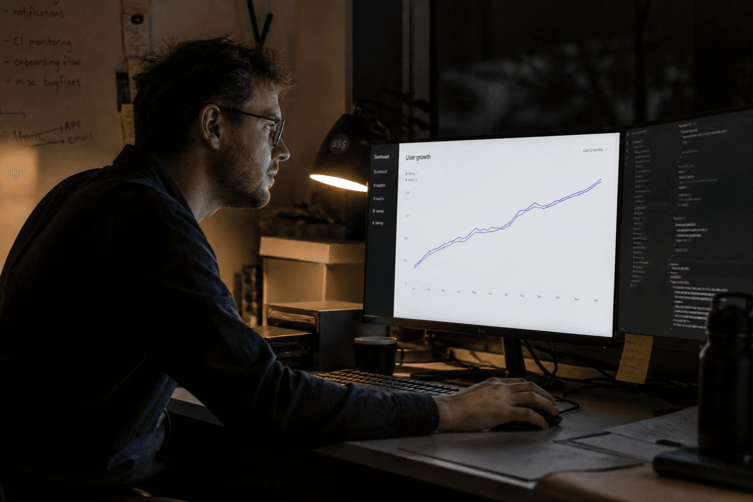 Side profile of a person working late at a desk, lit by monitor glow and a warm desk lamp, looking at a chart with two closely tracking lines on screen.