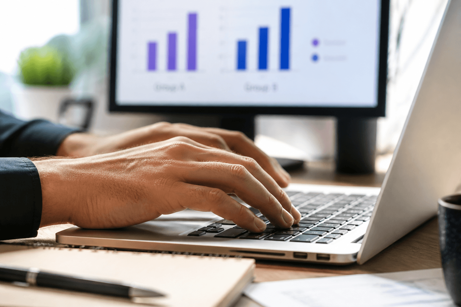 Close-up of hands typing on a laptop keyboard in bright daylight, with a blurred computer screen showing two comparison bar charts in the background.