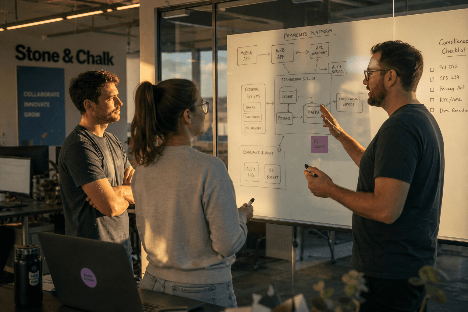 Three colleagues stand together at a glass whiteboard covered in architecture diagrams, discussing system design in a warmly lit office during late afternoon.