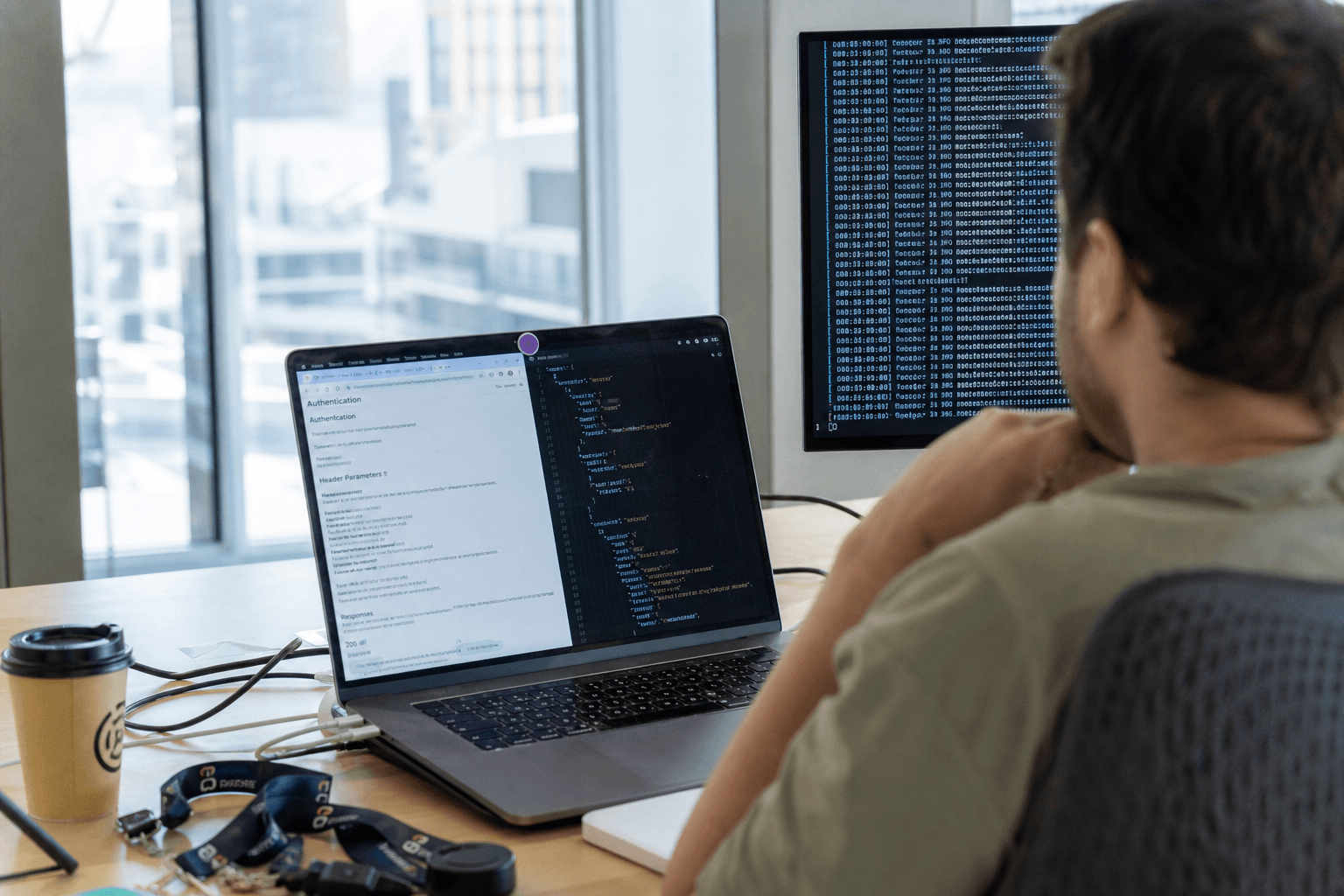 Looking over a developer's shoulder at a laptop screen displaying API documentation and code, in a bright, sunlit open-plan office.