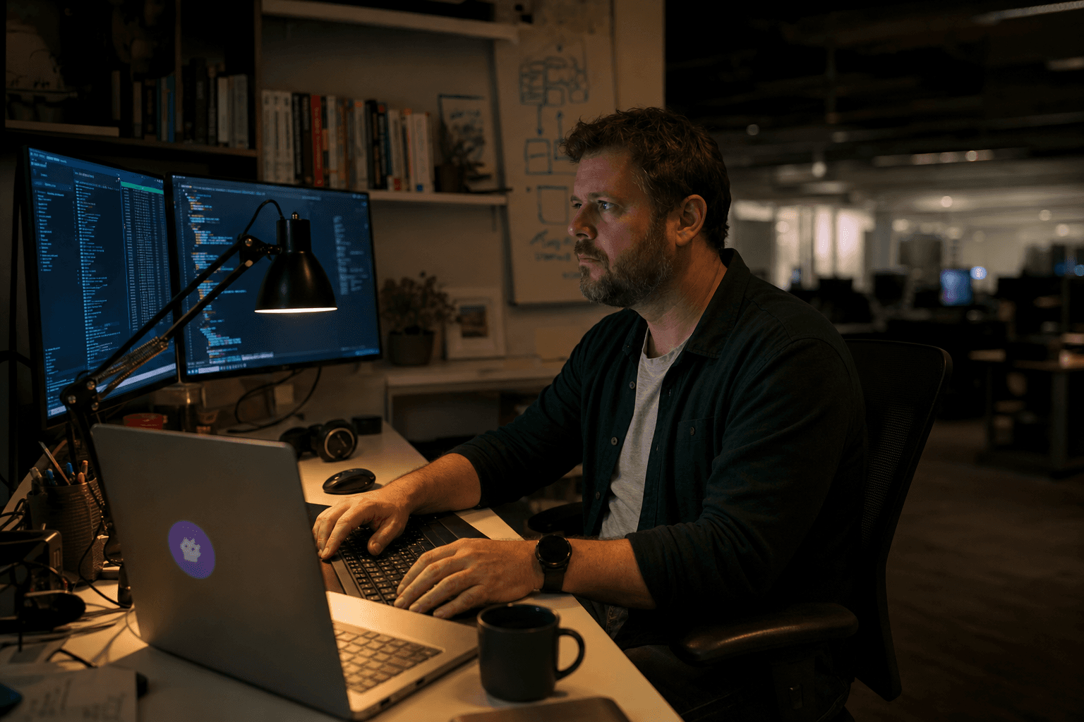 A male data engineer sits at a dual-monitor workstation in a dim Australian office corner, face lit by screen glow and a warm task lamp, focused on terminal output, technical books and a whiteboard sketch visible in the soft background.
