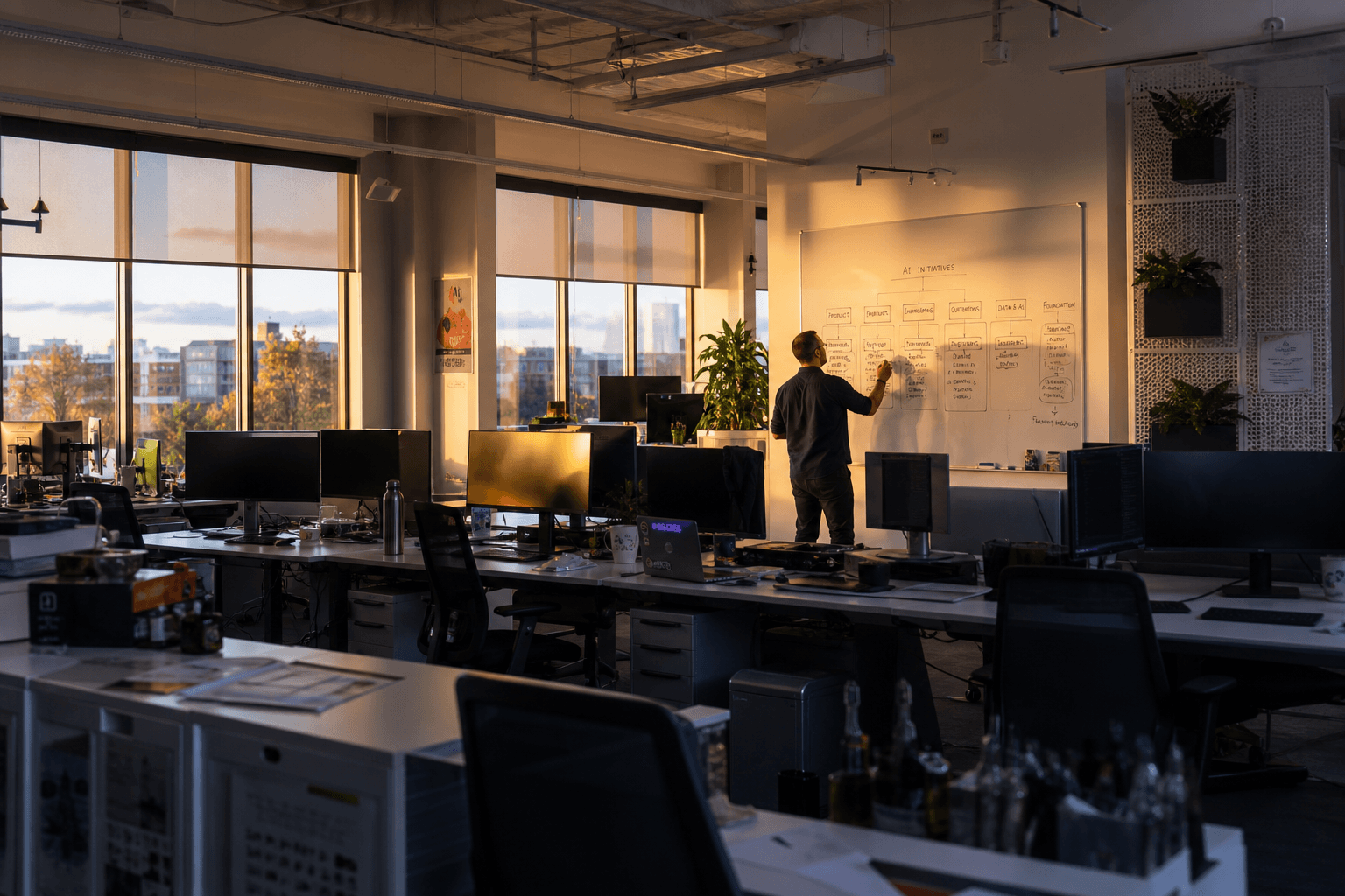 A wide view of an open-plan office at golden hour showing a person sketching an organisational diagram on a whiteboard, with rows of desks and monitors visible in the background.