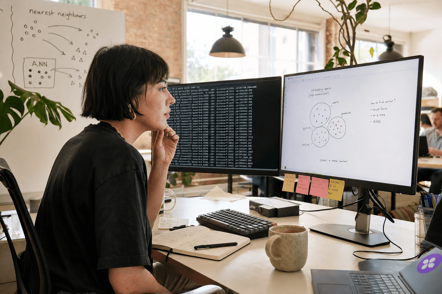 A woman sits at a dual-monitor workstation in a bright, daylit Australian open-plan office. One screen shows a terminal with vector index output, the other a diagram of clustered data points. A whiteboard behind her displays handwritten nearest-neighbour cluster diagrams. Sticky notes line her monitor frames and a notebook with sketches sits open on the desk.