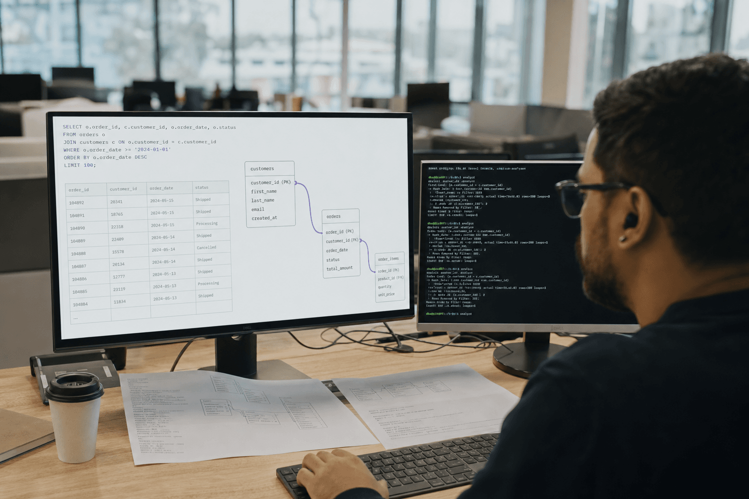 A database engineer in profile views a large bright monitor displaying sparse SQL schema grid lines and subtle purple data-flow connector accents, seated at a timber desk in a window-lit Australian open-plan office.