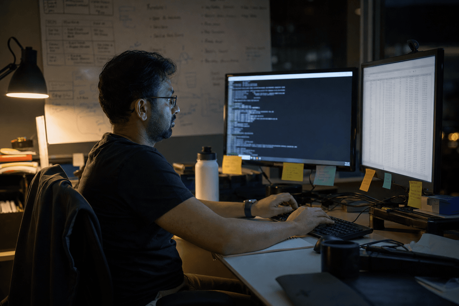 A data engineer works alone at a dual-monitor workstation in a dimly lit Australian office, their face illuminated by screen glow and a warm desk lamp, with a whiteboard visible in the blurred background.
