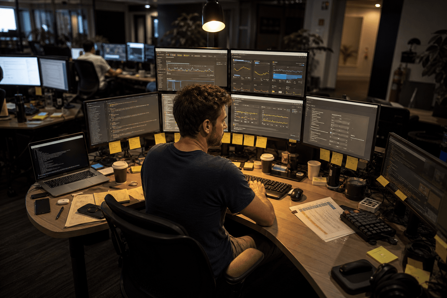 A male data engineer sits at the centre of a curved multi-monitor workstation in a mid-toned Australian office, surrounded by screens showing GPU performance graphs, lit by a warm overhead lamp creating a bright focal point.