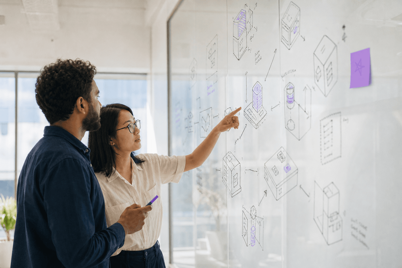 Two engineers stand at a glass wall whiteboard in a bright sunlit Australian office, collaborating over hand-drawn isometric cloud architecture diagrams with sparse violet marker highlights, deep white space dominating the frame.