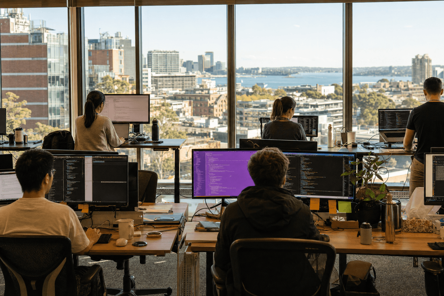 A wide shot of an Australian open-plan tech office looking toward floor-to-ceiling windows with a low cityscape and harbour water visible, developers at standing desks in the foreground with one monitor glowing violet among warm daylight tones.