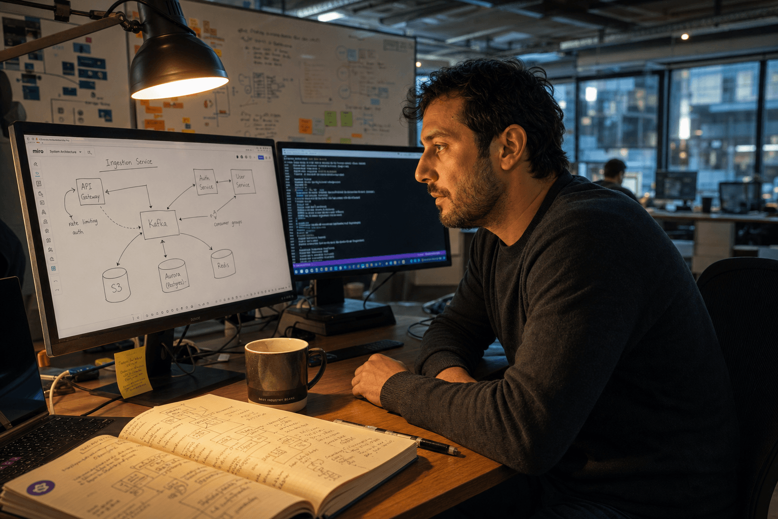 A male software architect sits at an eye-level workstation in a Melbourne open-plan office, studying a system architecture diagram on a large monitor beside a hand-annotated engineering notebook, lit by warm desk-lamp light with a whiteboard of sketches softly visible in the background.