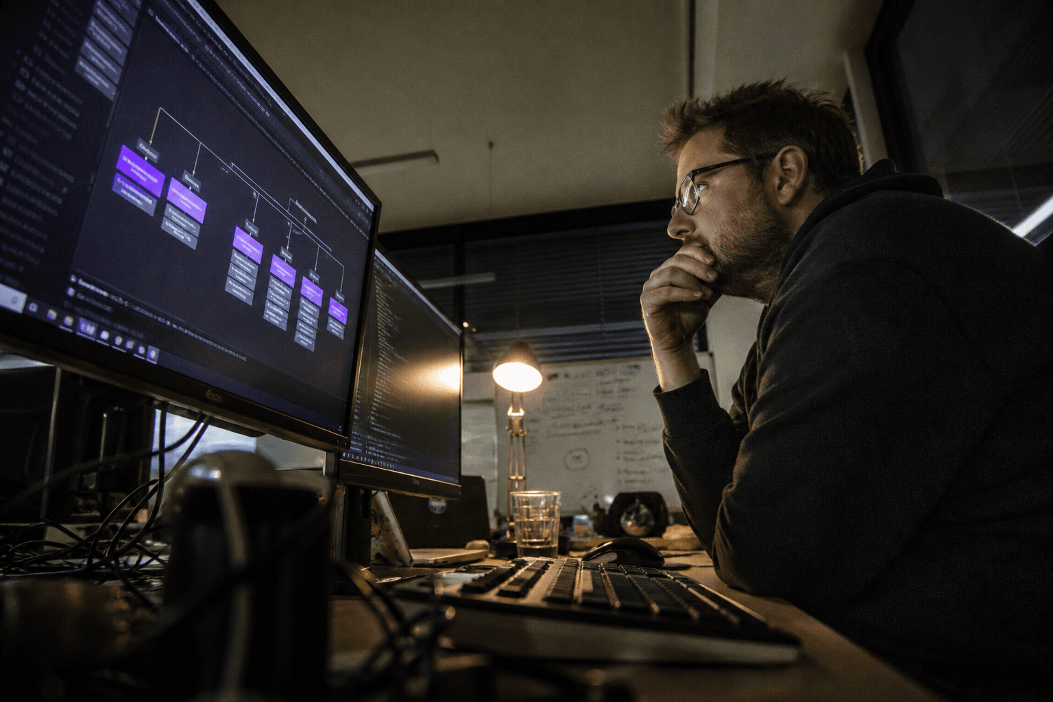 Low-angle view past a keyboard and monitors showing a system diagram, up toward a software engineer's face lit by screen glow in a dim office.