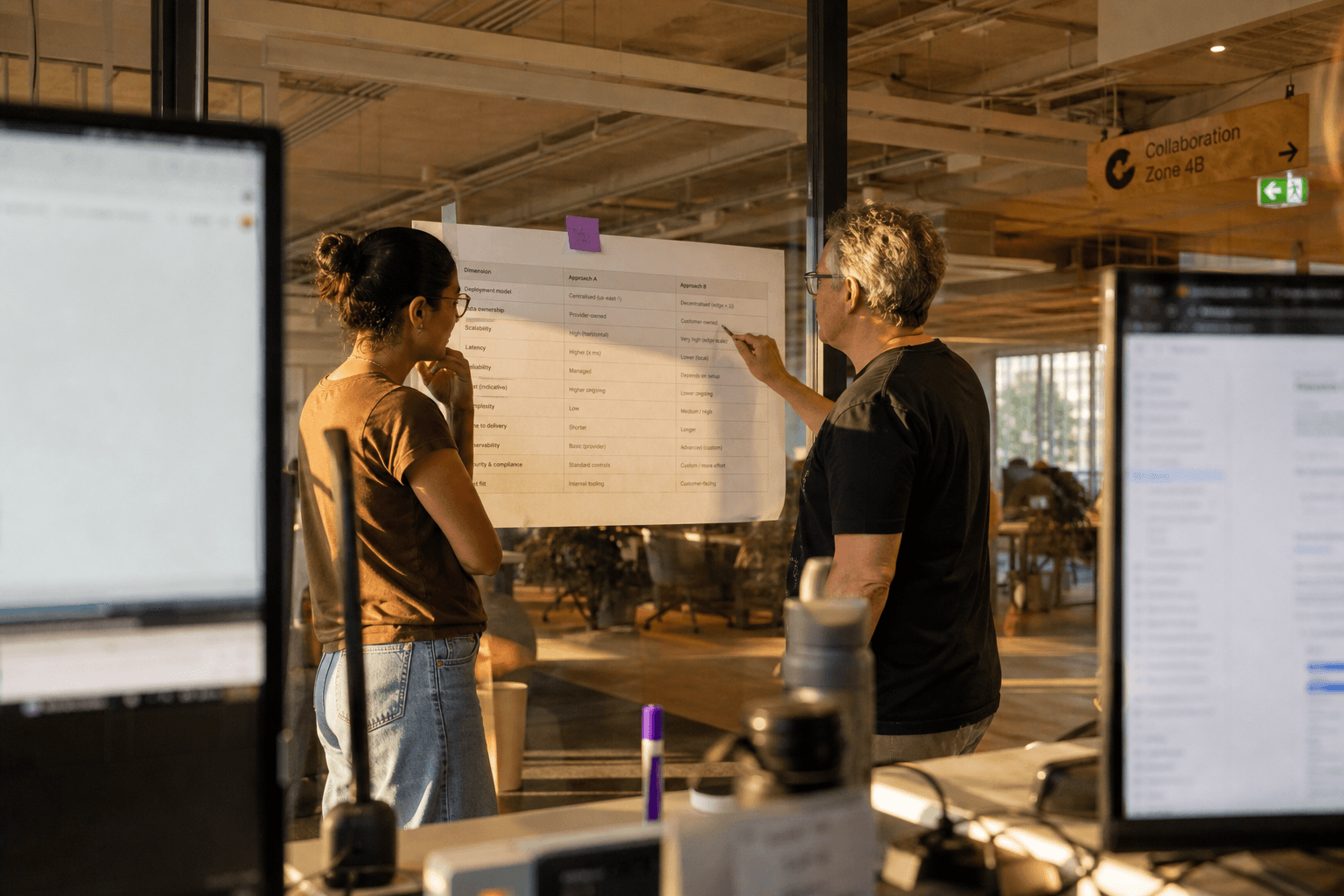 View framed between two monitors of two colleagues discussing a printed comparison table on a glass wall, lit by warm golden-hour light in an office.