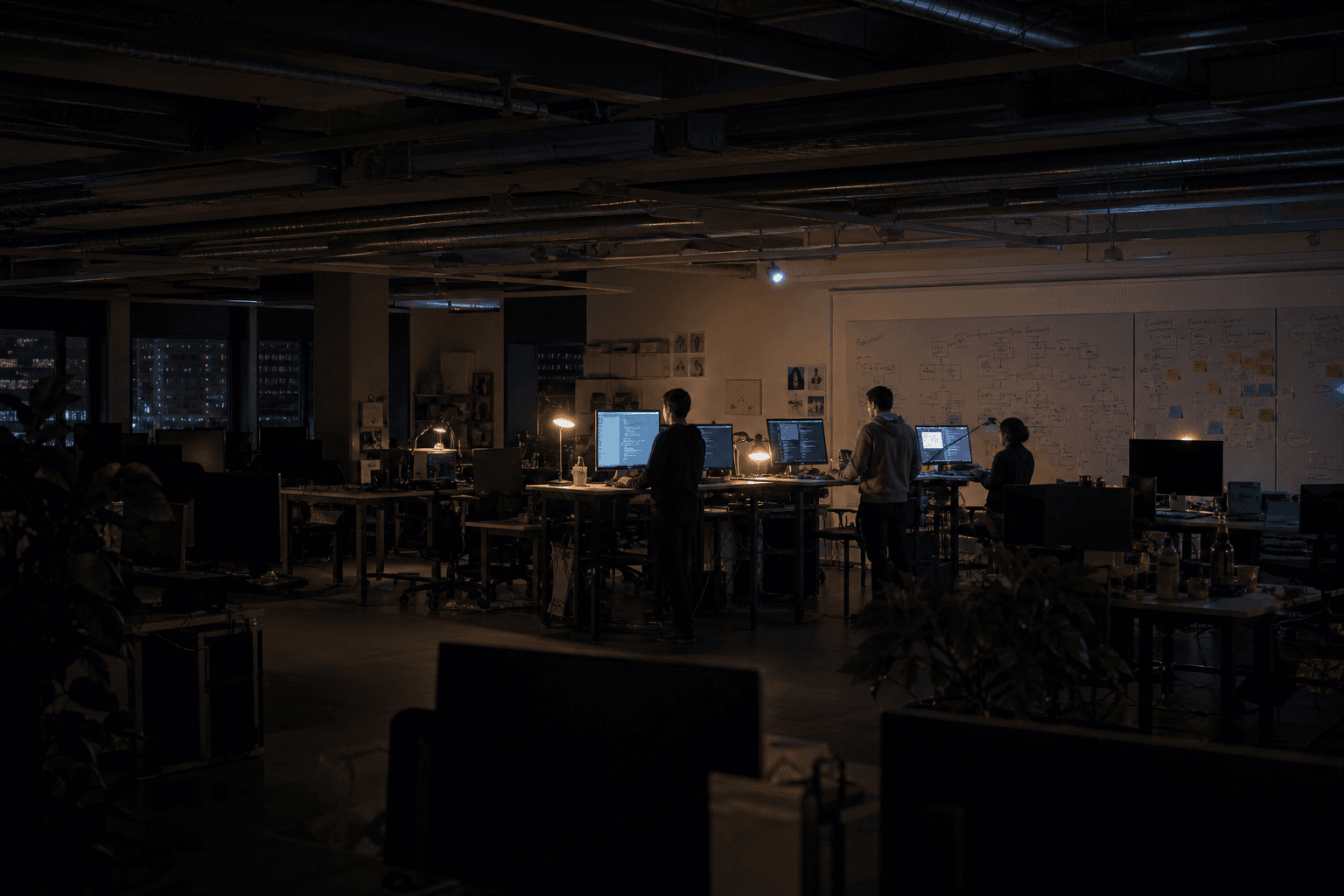 Wide, dimly lit view of an open-plan office at night with a small group of engineers working at standing desks, lit mainly by screen glow and warm lamps.