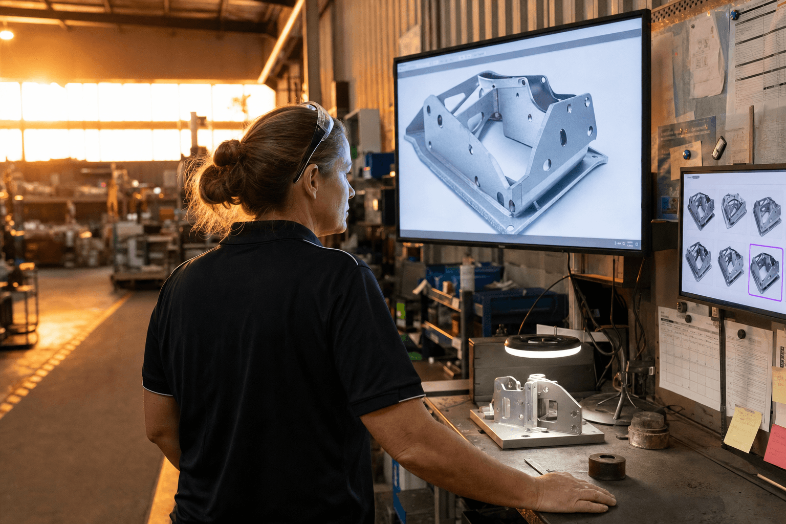 A female quality control engineer viewed over-the-shoulder leans toward a large monitor displaying a high-resolution image of a metal component at an inspection station, warm golden-hour light from factory windows behind her and cool screen glow on her face, inside an Australian light-manufacturing workshop.