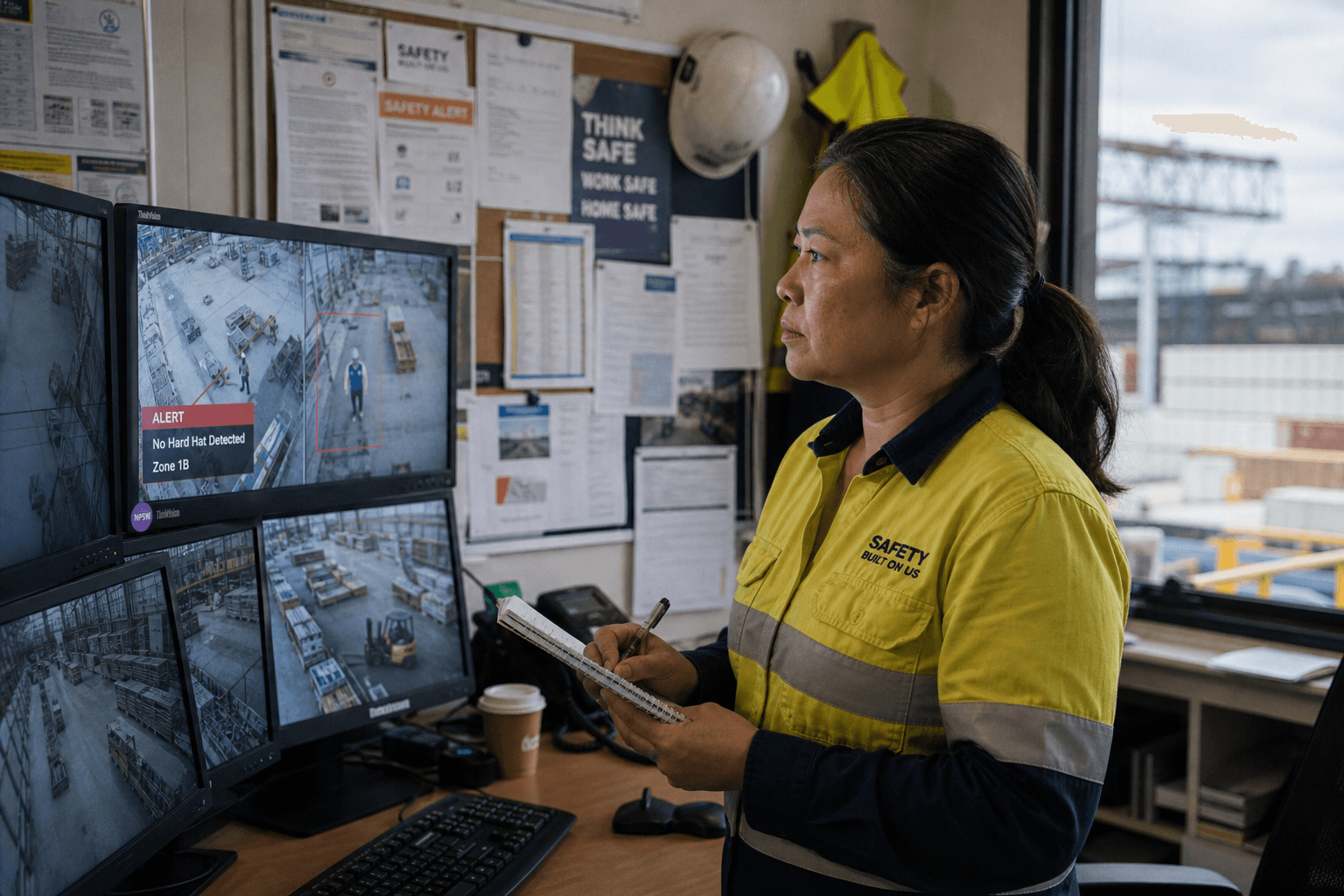 A workplace safety officer stands in an Australian site operations room reviewing multi-screen camera feeds with automated PPE compliance alert overlays, surrounded by safety paperwork and a window overlooking an industrial yard.