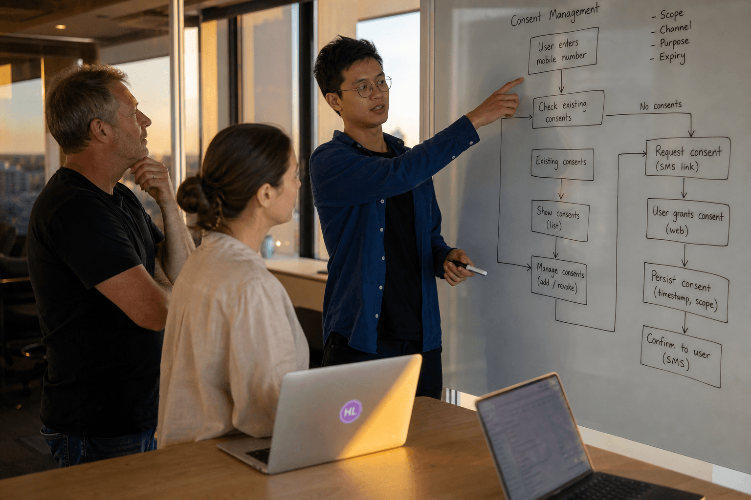 Three engineers standing at a glass whiteboard in a warmly lit office, sketching a consent-management flow diagram with arrows and handwritten labels, one pointing while others watch.