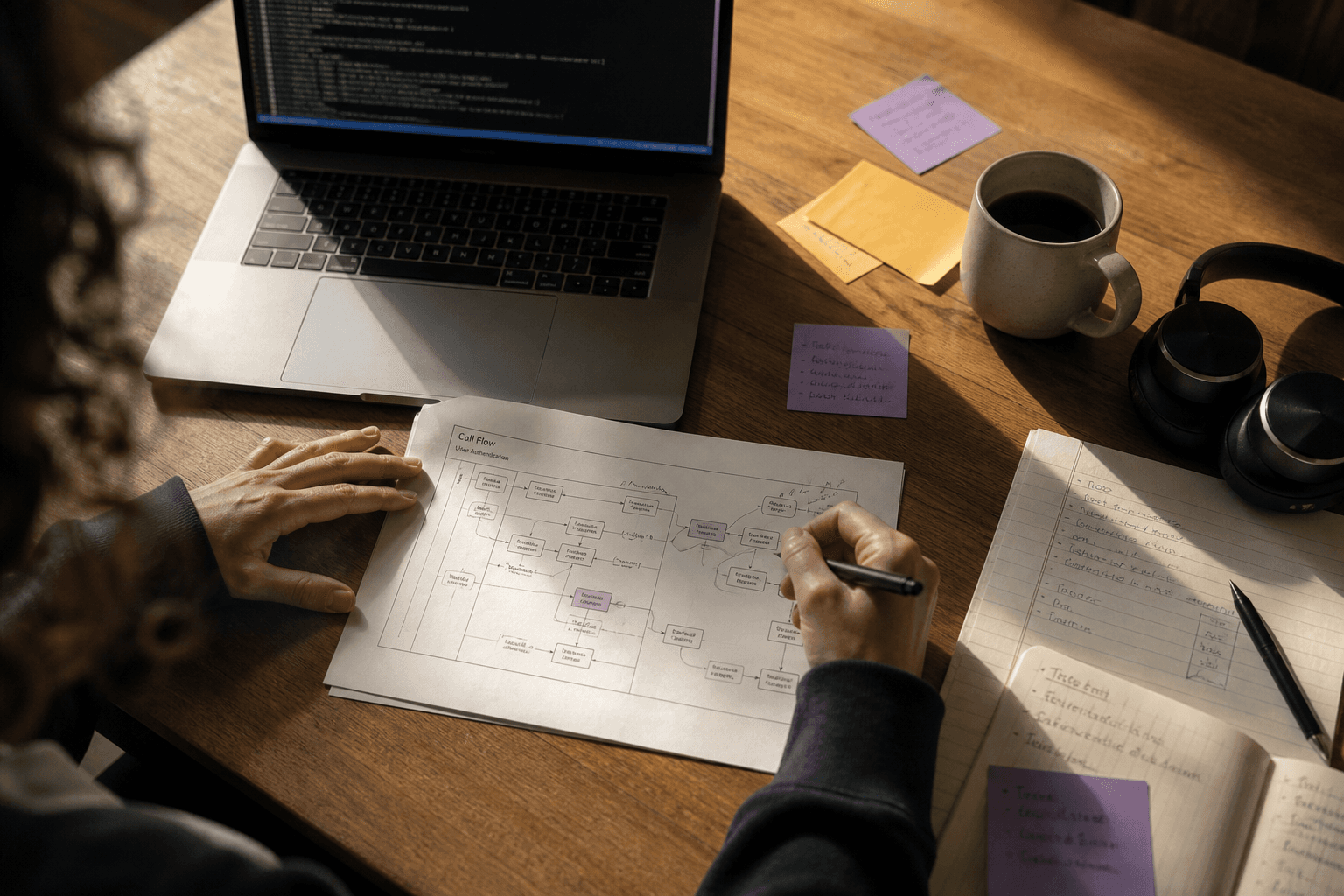 Overhead view of a desk with hands annotating a printed call-routing diagram beside a laptop, headset, sticky notes, and a coffee cup, lit by warm golden light.