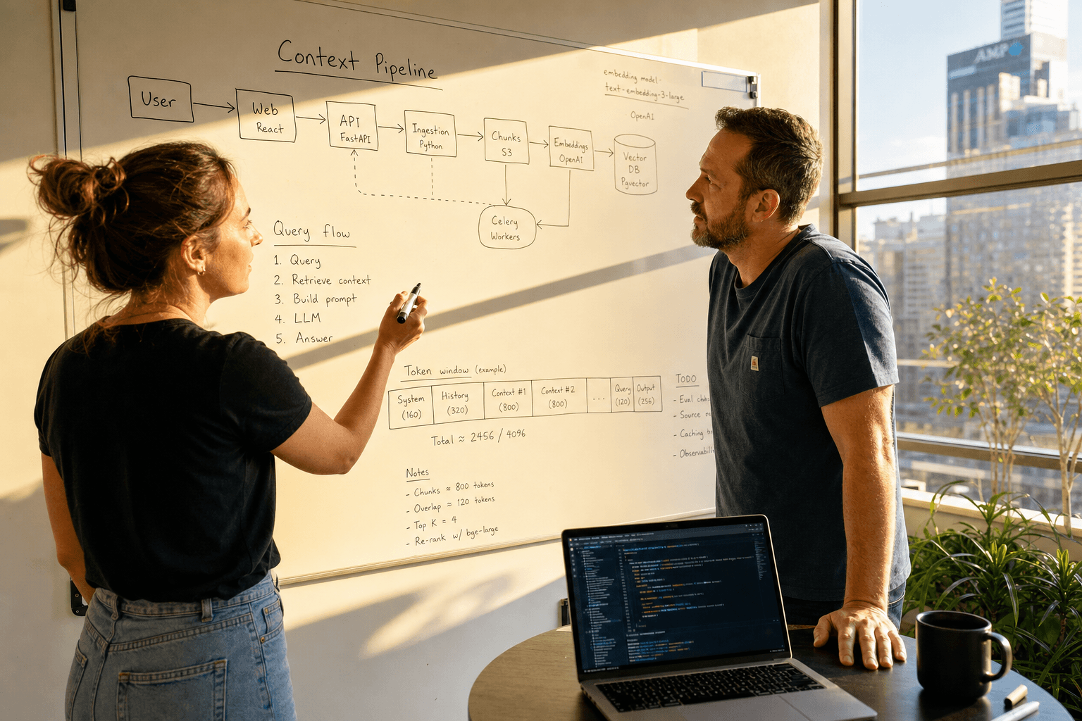 Two software engineers stand together at a whiteboard covered in hand-drawn system architecture diagrams in a sunlit Australian tech office, one pointing at a section mid-explanation while the other studies the diagram with a laptop open nearby.