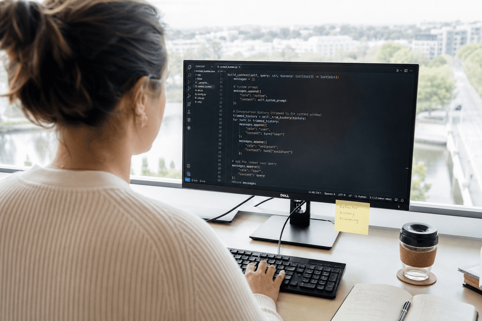Over-the-shoulder view of a female developer at a bright, naturally lit desk looking at a monitor displaying a Python code editor, hands on keyboard, notebook and coffee cup visible on the desk beside her.