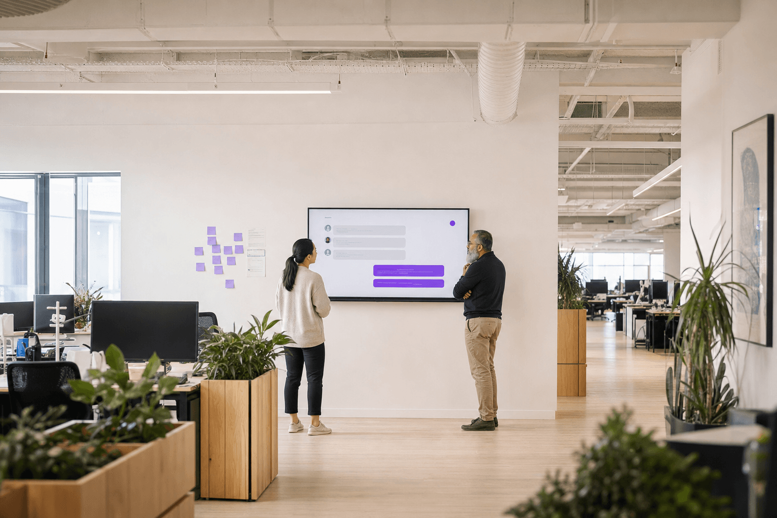 Two engineers stand in a bright open-plan Australian office facing a wall-mounted display showing a simple chat interface. The wide frame is dominated by pale walls and timber floor, with small violet sticky notes as the only colour accents.