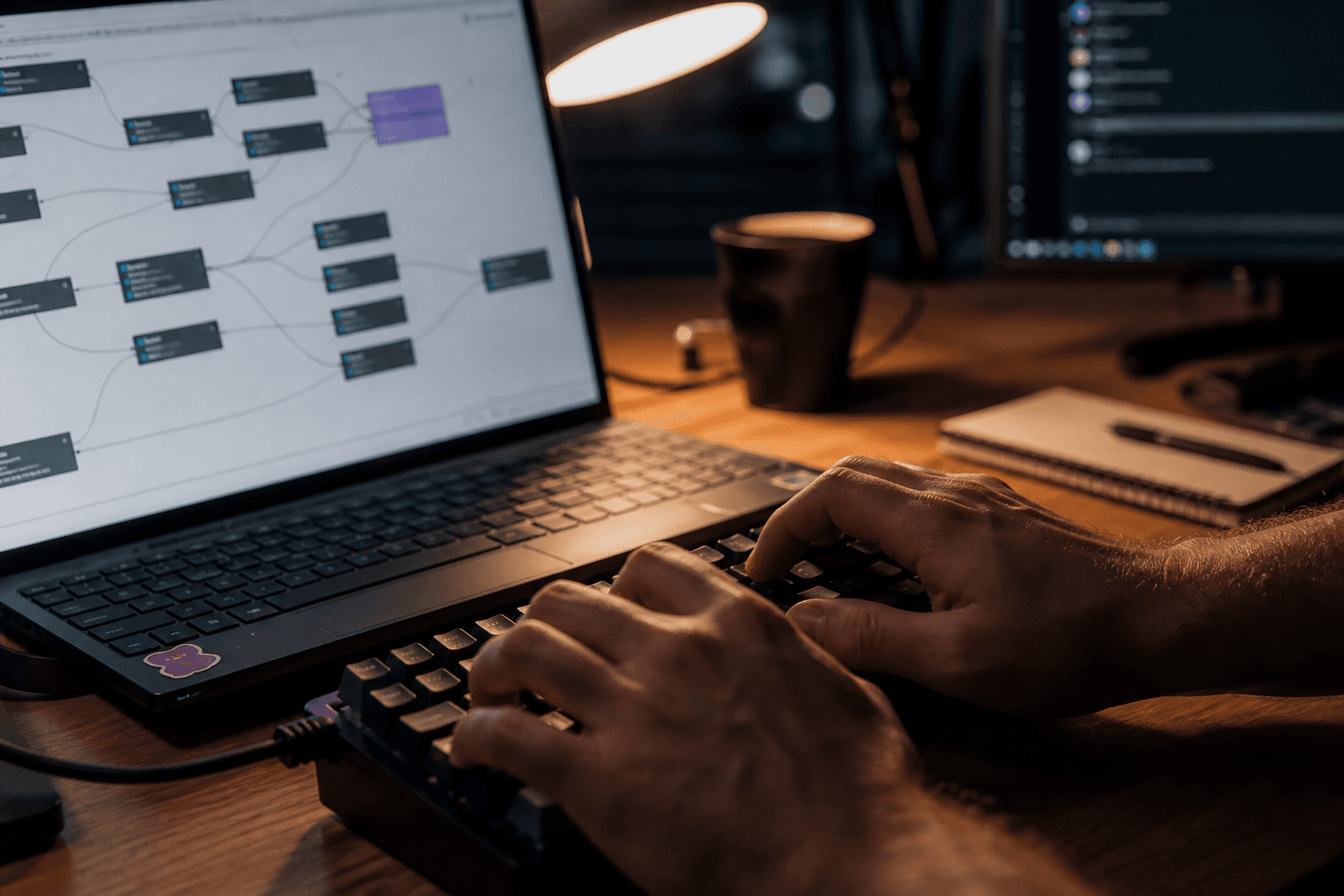 Close-up of hands typing on a keyboard at night, with a laptop screen showing a dependency diagram, lit by warm task lamp and screen glow.