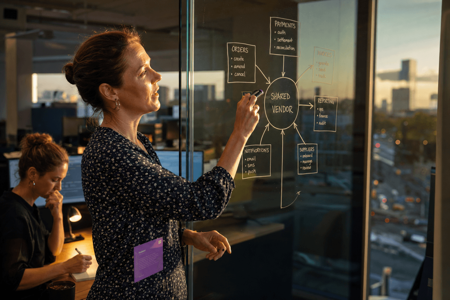 An engineer in profile, caught mid-explanation, pointing at a whiteboard diagram showing multiple operations connected to one vendor, lit by warm golden-hour sunlight through a glass office wall.