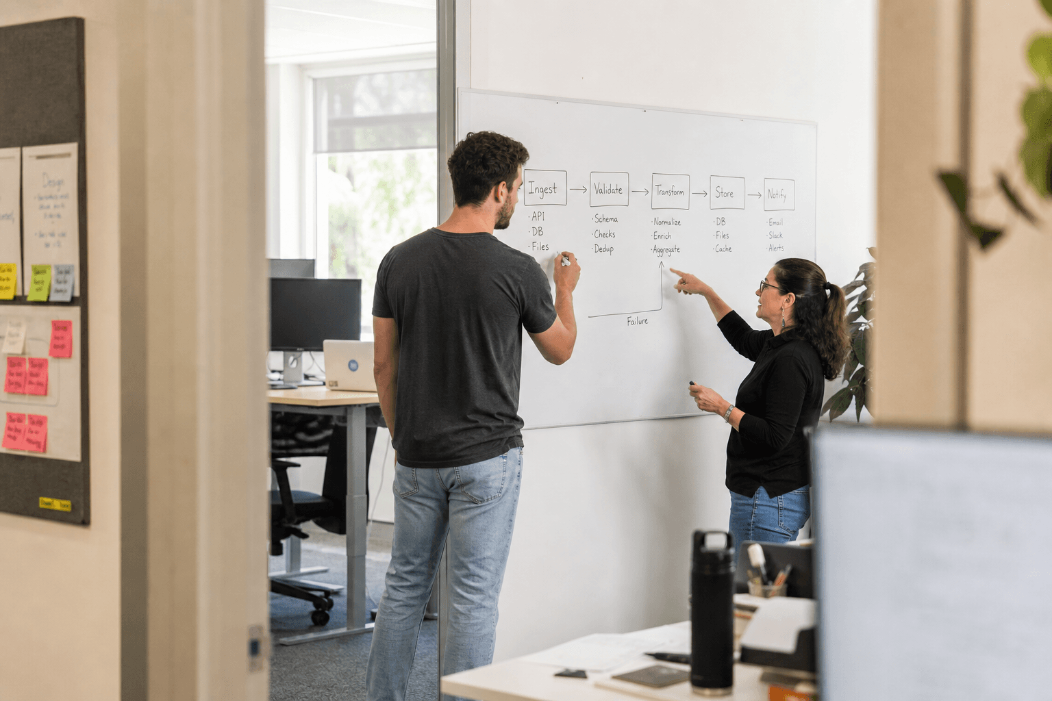 Two engineers collaborate at a whiteboard inside a bright daylit office room, seen through an open doorway with a monitor and door frame in the foreground, as one writes a task-flow diagram and the other points at it in discussion.