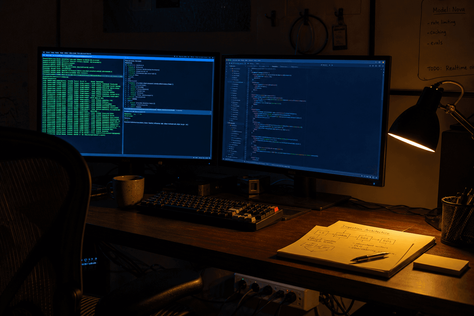 A developer's dimly lit desk at evening showing two monitors glowing with terminal windows and code, a mechanical keyboard, and sticky notes with handwritten architecture notes, lit by cool screen glow and a warm task lamp with no person present.