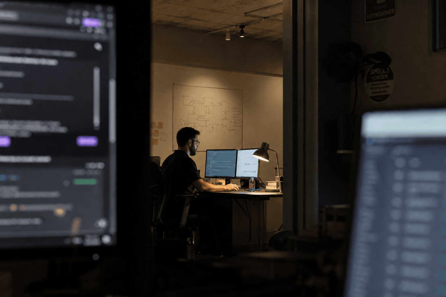 A data engineer works at dual monitors in a dimly lit office at night, viewed through a doorway, with screen glow and a warm desk lamp lighting the scene.