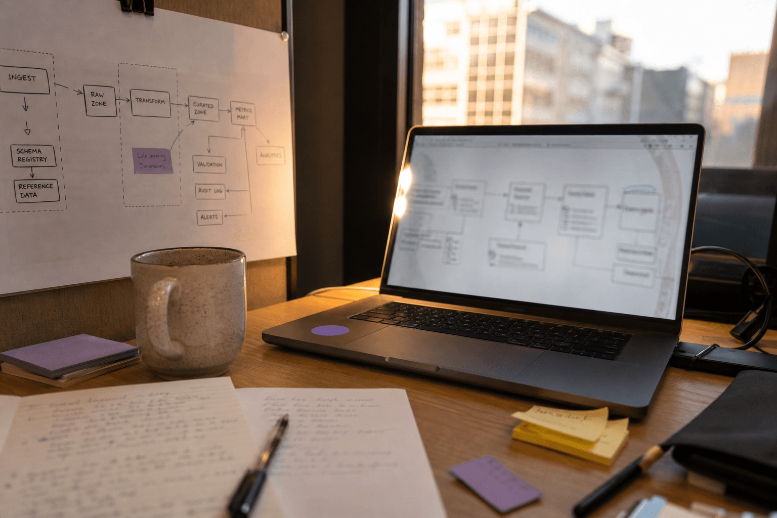 A desk with a laptop showing a blurred diagram, a coffee mug, and sticky notes, lit by warm golden-hour light through an office window, with no people in the frame.
