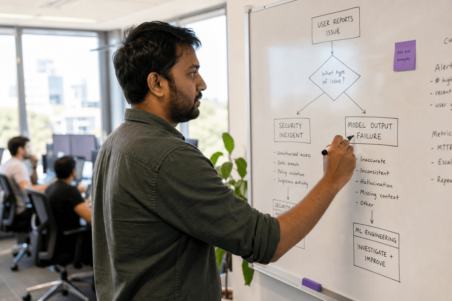 Side profile of an engineer writing a flowchart on a whiteboard distinguishing security incidents from model failure, in a bright open-plan office with daylight through windows.