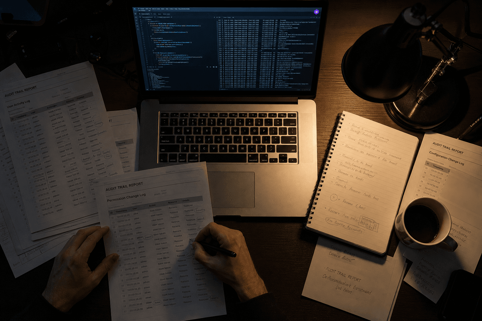 Overhead view of a desk at night with a laptop showing log files, scattered printed audit reports, a notebook, and a hand annotating a page, lit by screen glow and a warm desk lamp.