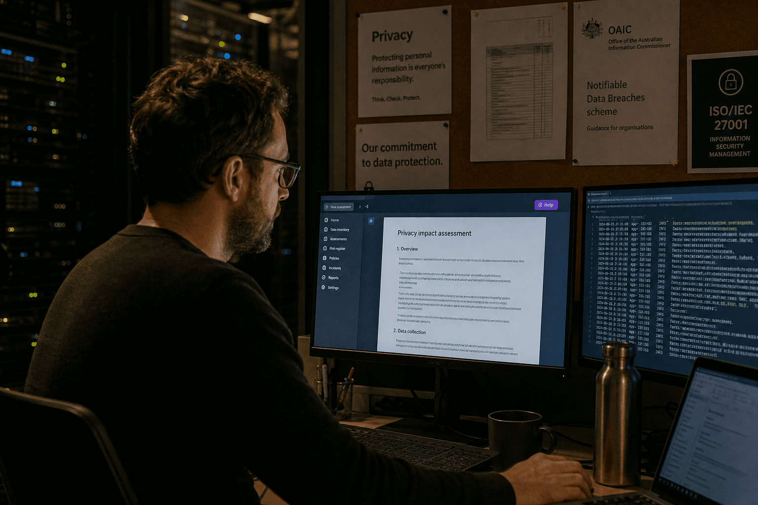 A data engineer working late at a dimly lit desk, illuminated by monitor glow and a warm desk lamp, surrounded by printed compliance documents and server equipment in a regulated industry office.