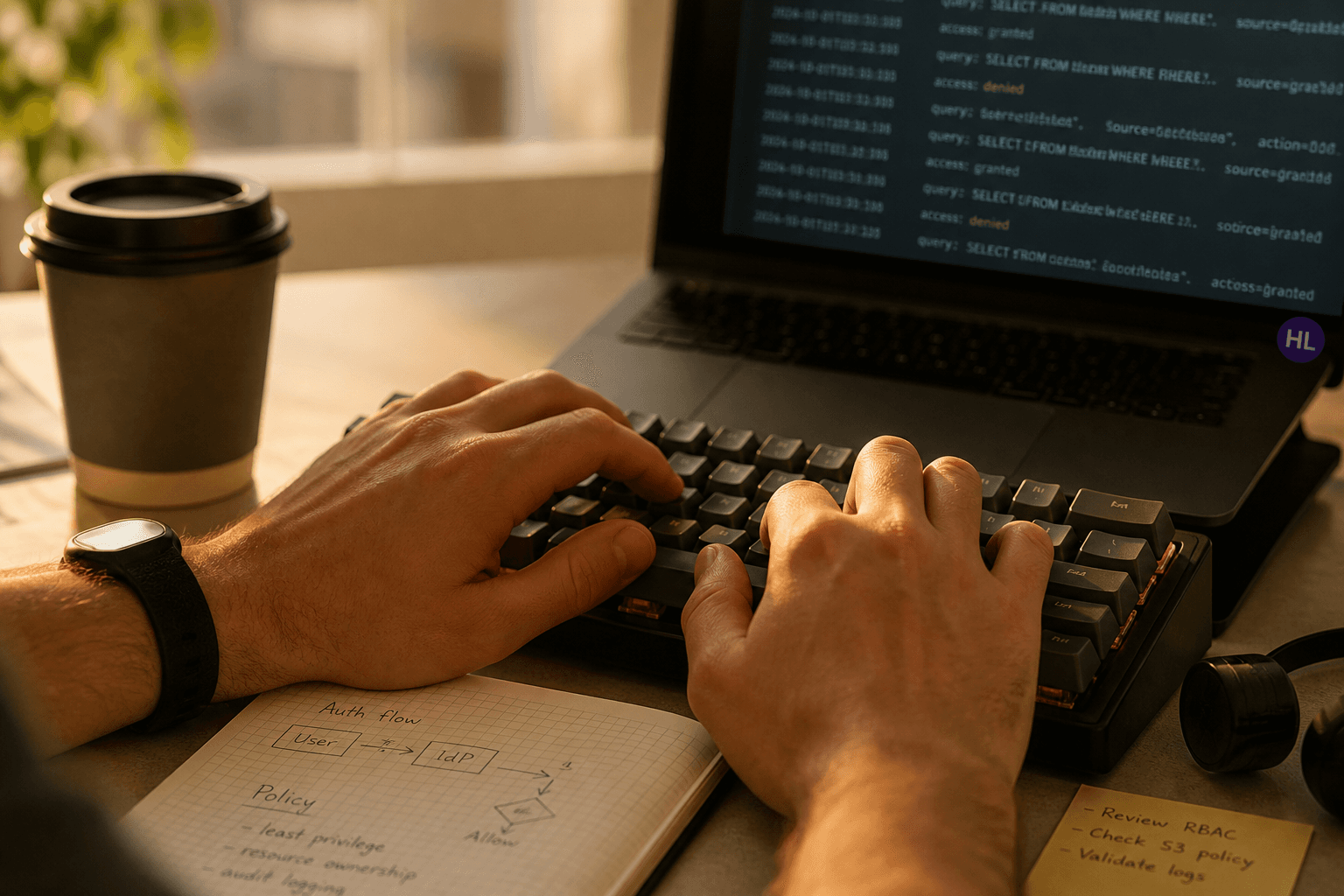 Close-up of hands typing on a keyboard at a sunlit desk, with a laptop screen showing blurred query logs and a handwritten notebook nearby.