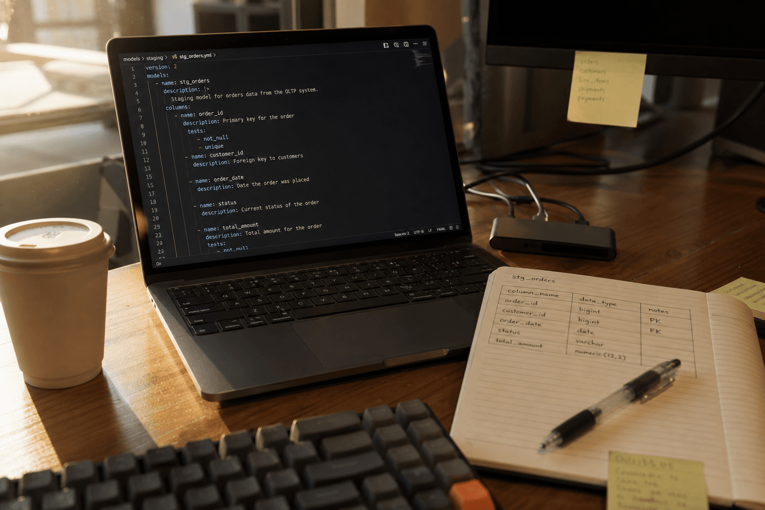 A data engineer's desk with an open laptop displaying a YAML schema file, a handwritten notebook, a takeaway coffee cup, and a mechanical keyboard bathed in warm late-afternoon window light.