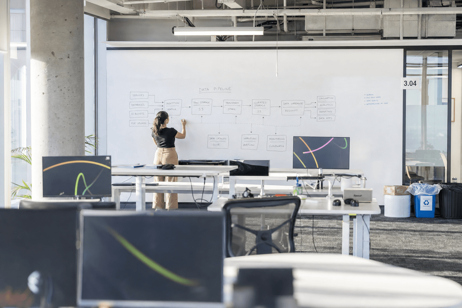 A data engineer stands alone at a large whiteboard sketching a multi-step pipeline diagram in a bright, airy Australian open-plan tech office, with rows of empty standing desks in the foreground.