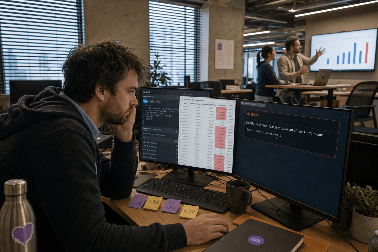 A male data engineer looks stressed at a desk with three monitors showing different data tools and conflicting figures, while colleagues discuss a chart in the background of an Australian tech office.