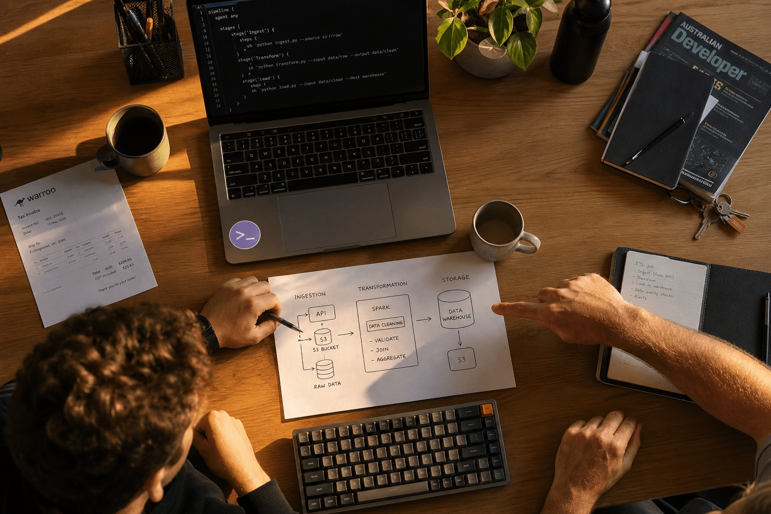 Overhead view of a work desk in an Australian tech office, showing a laptop with terminal code, a hand-drawn data pipeline diagram, and two engineers' hands pointing at the sketch, bathed in warm golden-hour window light.