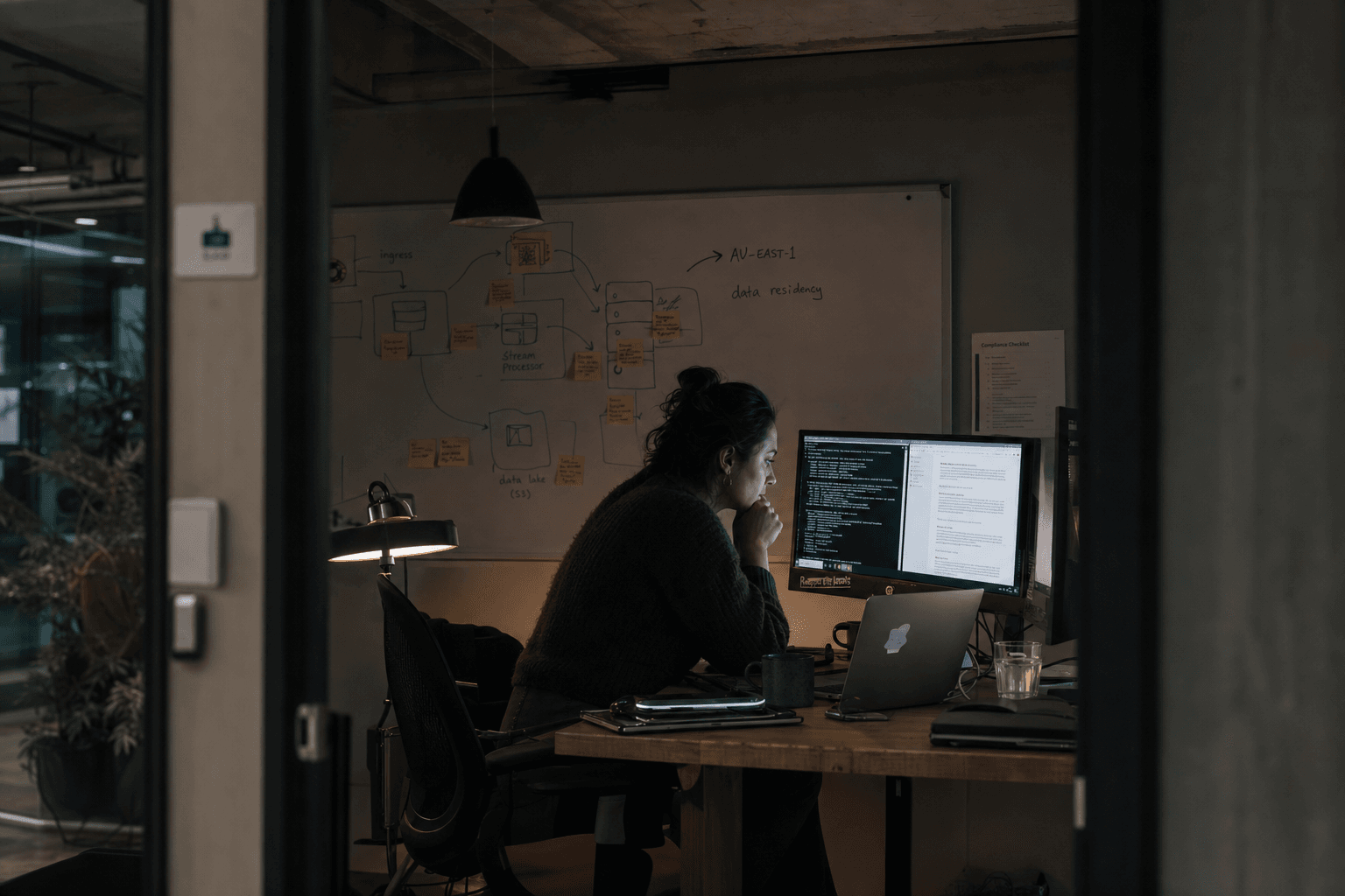A data engineer viewed through a half-open glass meeting room doorway sits at a dual-monitor desk in a darkened Australian tech office, her face lit by screen glow, with a whiteboard behind her showing hand-drawn data architecture diagrams annotated with data residency notes.