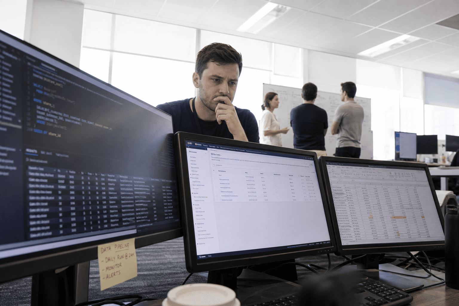 Low-angle view from desk level looking up at a male data engineer sitting at three monitors showing different data tools in a bright Australian open-plan office, with colleagues gathered around a whiteboard in the sunlit background.