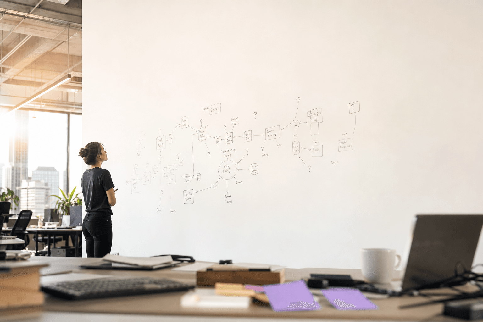 A wide low-angle view of a Melbourne engineering office early morning, with a female engineer looking up at a whiteboard covered in disconnected system diagrams, the large off-white wall above emphasising the gap, and sparse violet sticky notes in the foreground.