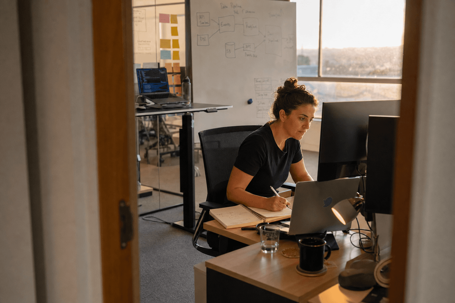 A data engineer in her mid-thirties sits at a dual-monitor desk sketching a pipeline diagram in a notebook, photographed through an open office doorway with the blurred doorframe visible in the foreground and warm golden-hour light coming through a window behind her.